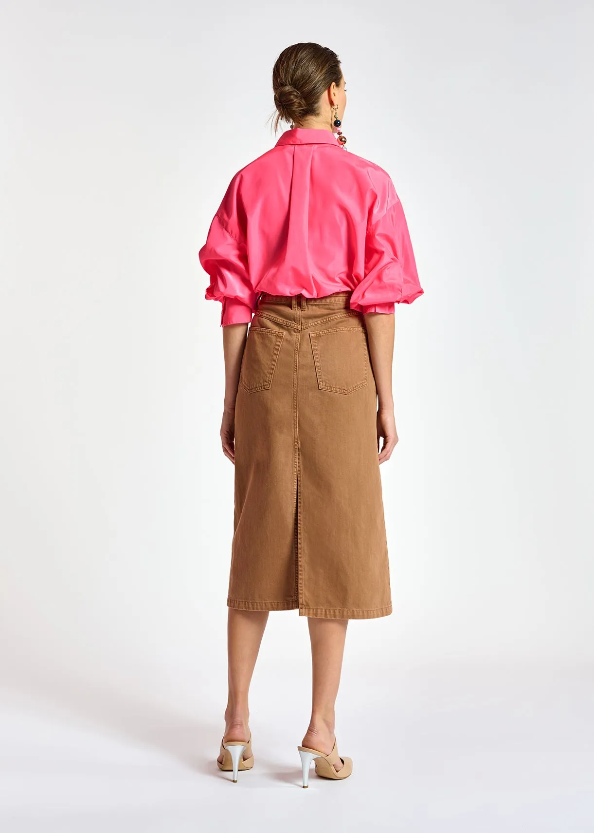 Brown high-waisted denim a-line skirt