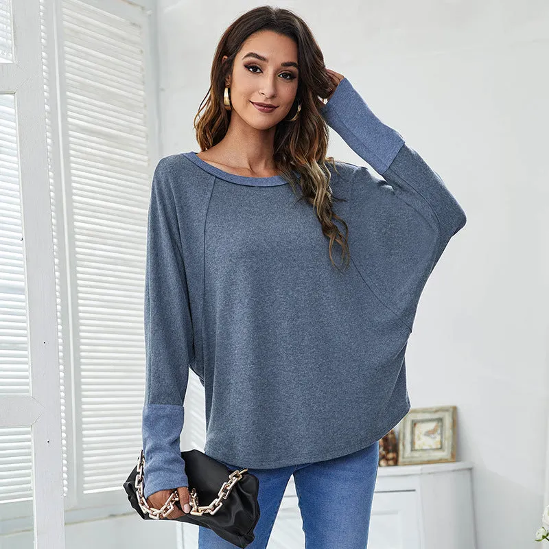 Crew Neck Contrast Casual Batwing Sleeve T-Shirt Wholesale