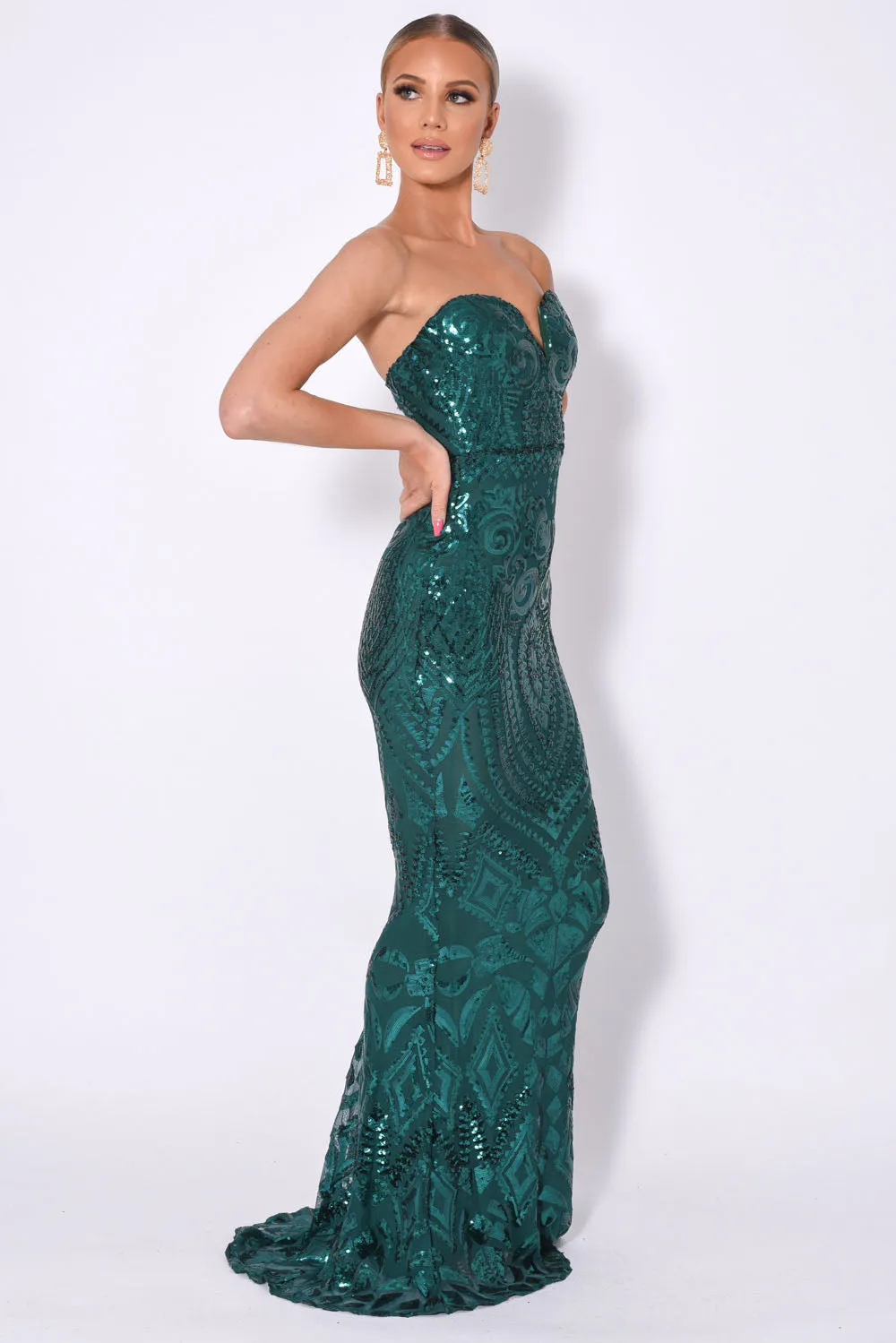Kenza Green Luxe Sweetheart Plunge Sequin Embellished Fishtail Dress