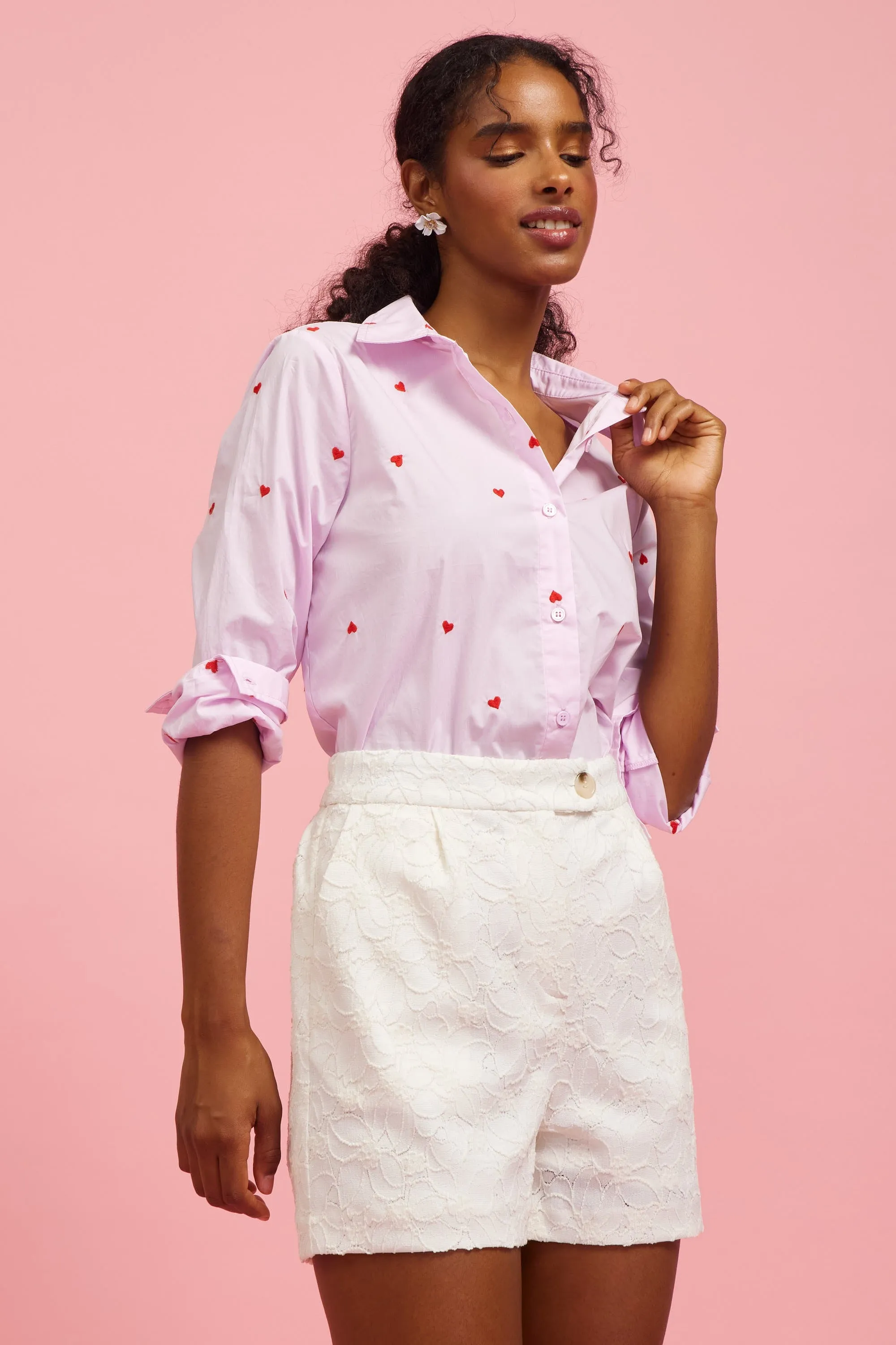 Poplin Heart Embroidery Shirt - Lavender/Red